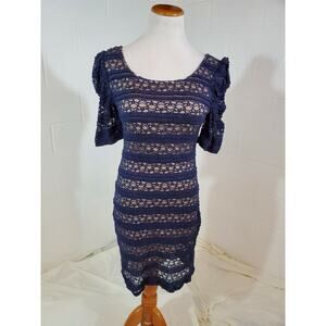 Liberty Love Bodycon Grunge Style Lace Striped Dress Blue and Cream Size Large
